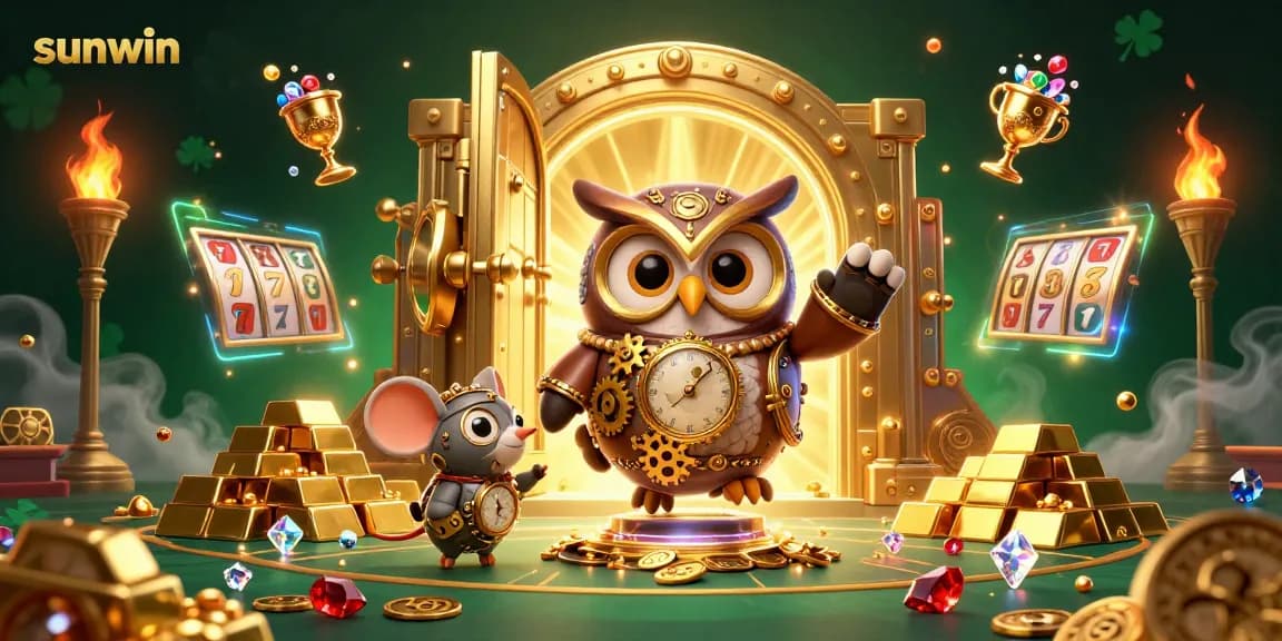 Spin to win with sunwin's vibrant casino illustration, featuring lucky charms and steampunk characters.