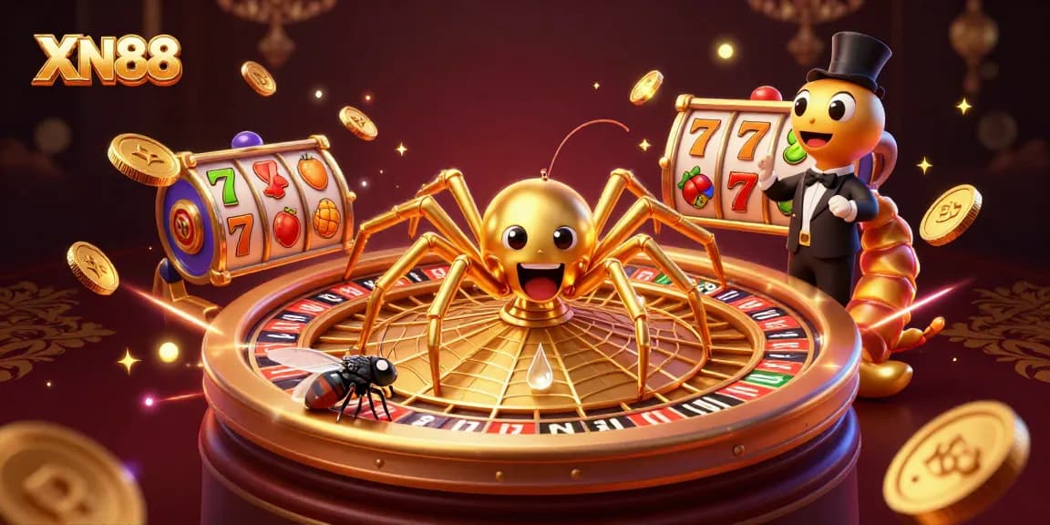 XN88 spins a vibrant roulette wheel web as a fly bets nervously, illustrating dynamic gambling action.