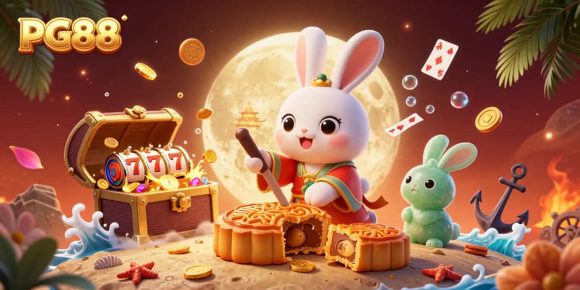 Experience the thrill of gaming with PG88, featuring festive moon rabbits, poker chips, and casino elements.