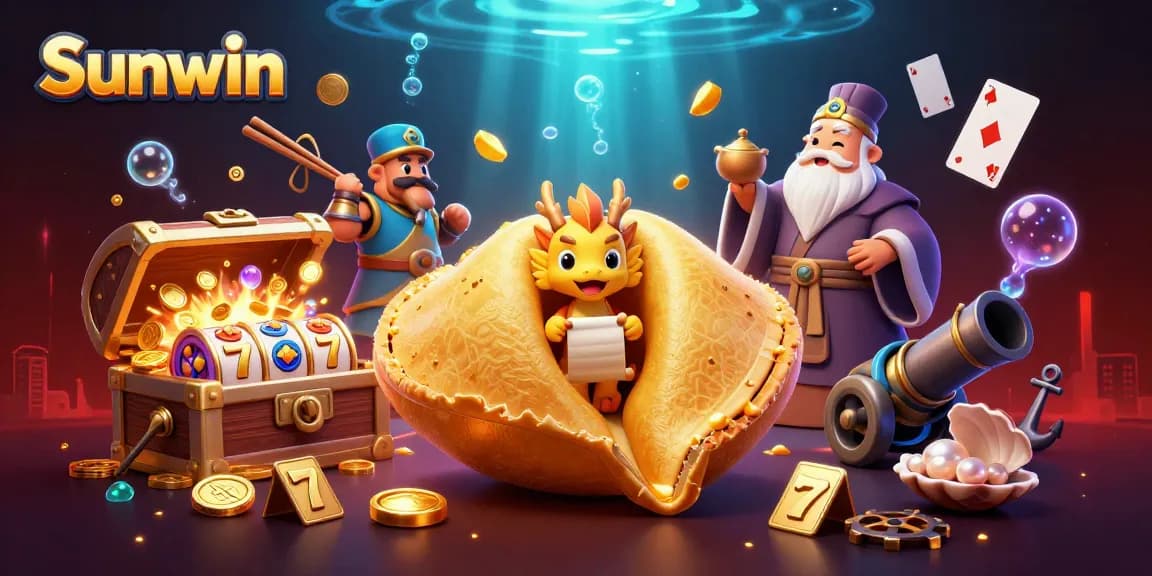 Experience Sunwin's thrilling casino action with a vibrant 3D fortune cookie scene full of excitement.
