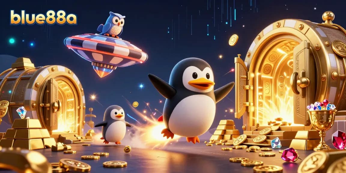 Engage with blue88a's thrilling casino adventure featuring a golden penguin navigating a cosmic environment.