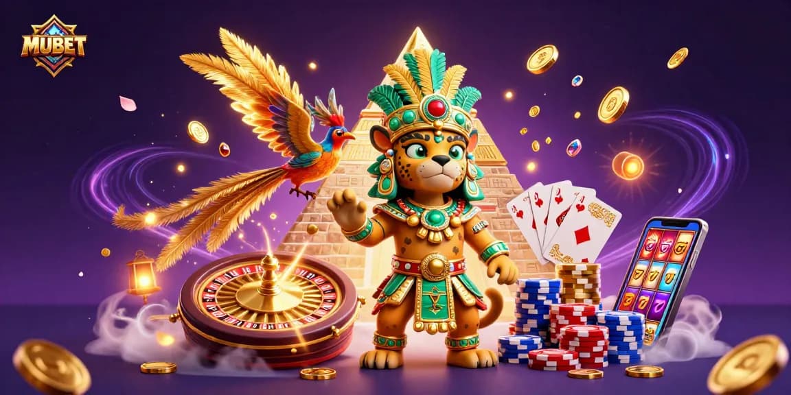 MUBET showcases a vibrant gambling scene with a Mayan jaguar priest, spinning roulette, and cascading golden coins.