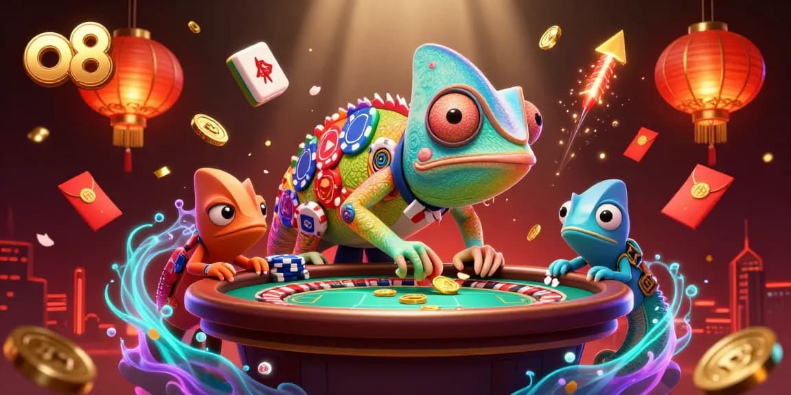 Engaging 3D illustration of the o8 casino, featuring a chameleon owner and vibrant gaming elements.