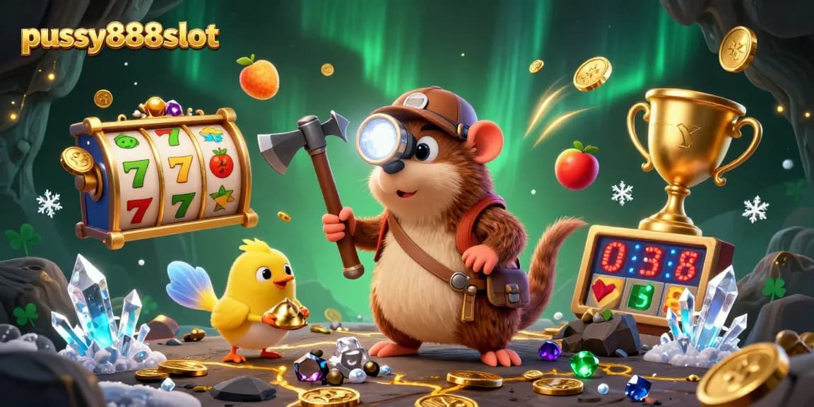 Engage with exciting slot gameplay at pussy888slot, featuring a lively mole and canary in a treasure cave.