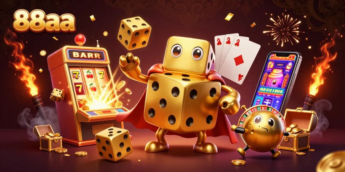Experience excitement with 88aa's golden dice golem and slot machine jackpot in a vibrant casino scene.