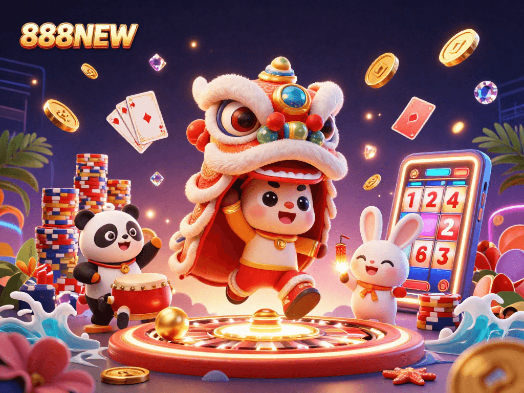 Engage players with 888NEW's vibrant lion dance themed illustration packed with dynamic casino elements.