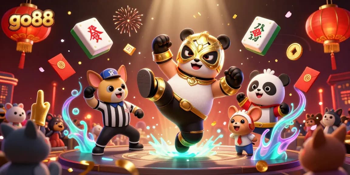 Go88 showcases a thrilling scene with a wrestling panda kicking while animal spectators cheer in a vibrant casino setting.