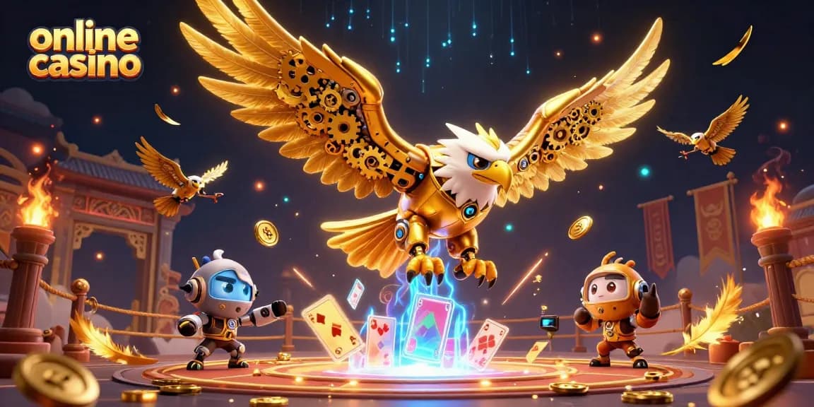 Experience thrilling moments at an online casino with flying golden eagle diving through playing cards.