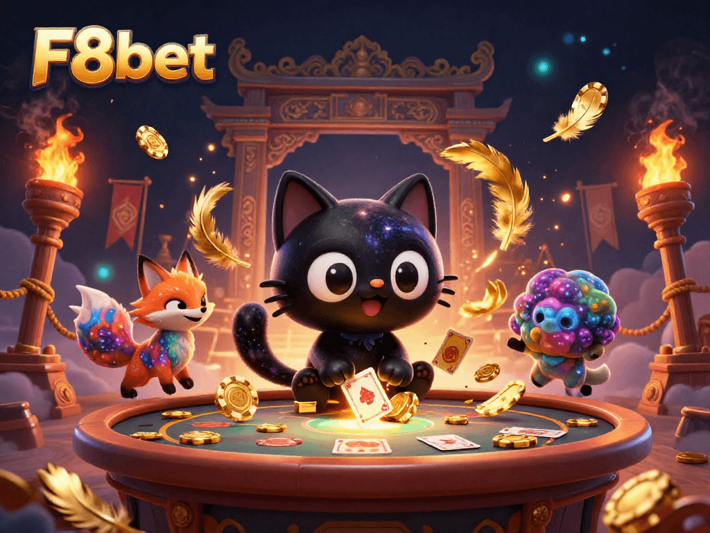 Experience F8bet's cosmic casino with a black hole cat and nebula fox in a vibrant, action-packed illustration.