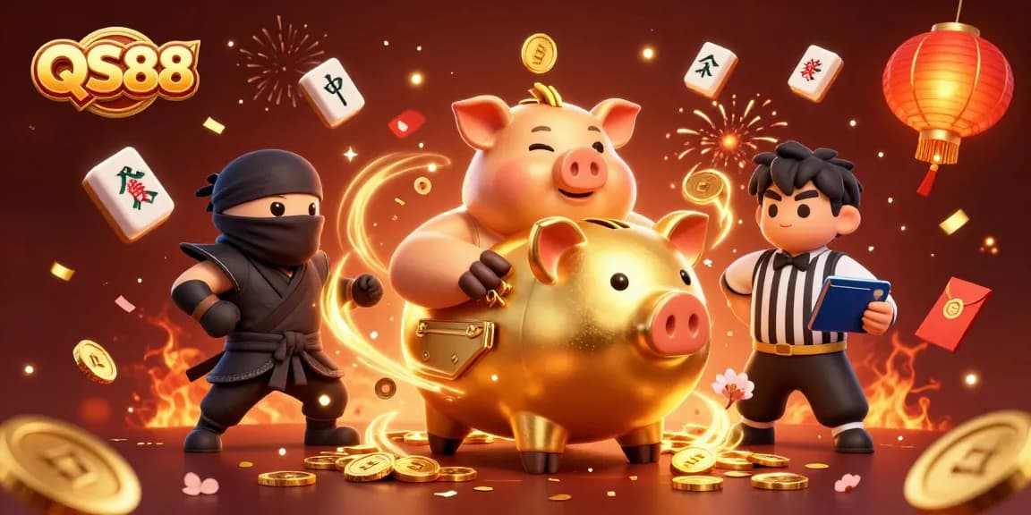 Experience thrill at QS88 with a golden piggy bank sumo wrestler, explosive celebrations, and vibrant gaming elements.