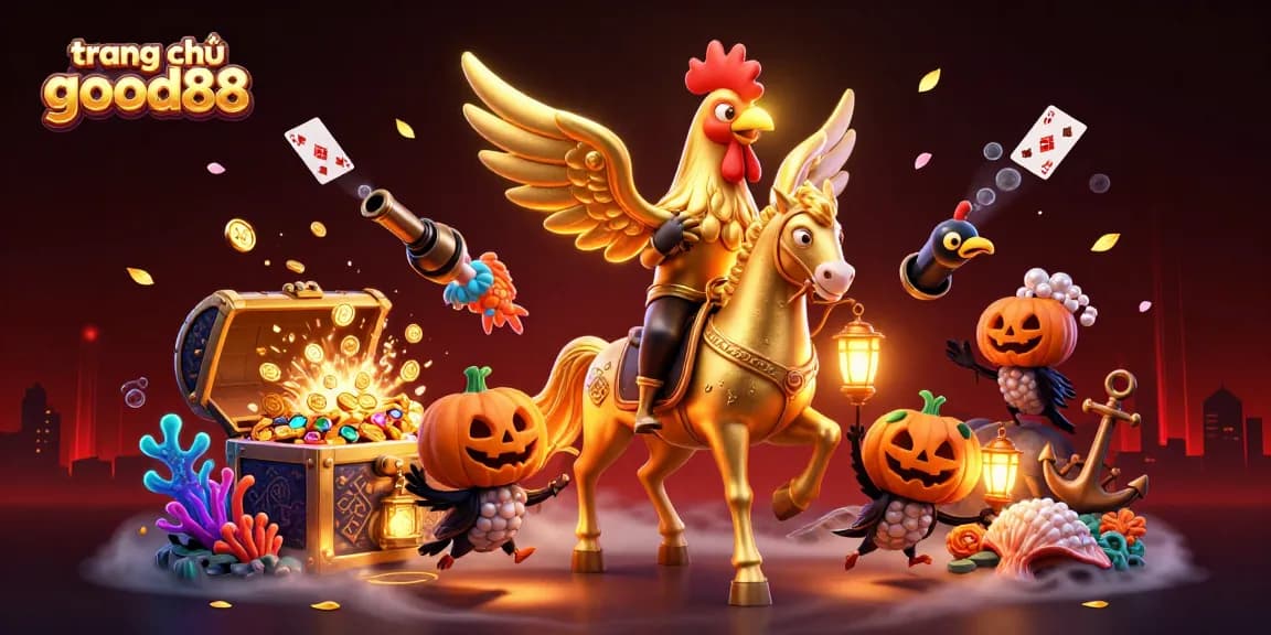 Engage with the vibrant world of trang chủ good88, where a golden rooster and companions illuminate the casino.
