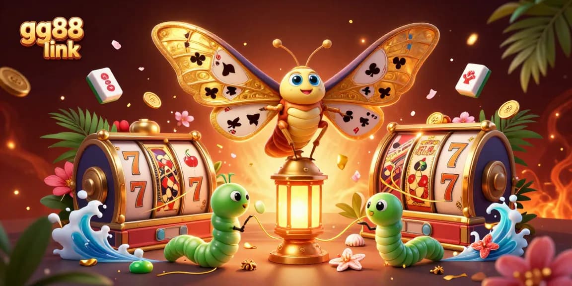 Engage with gg88 link to enjoy thrilling slot experiences alongside a majestic 3D moth and casino elements.