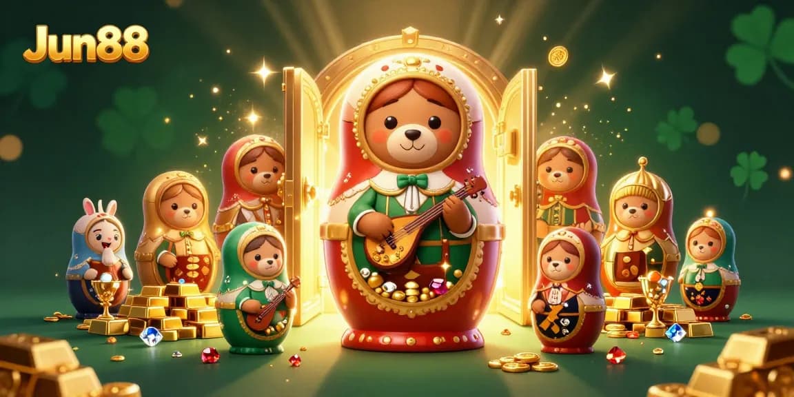 Experience thrilling moments with Jun88's dynamic casino scene filled with gold treasures and vibrant characters.