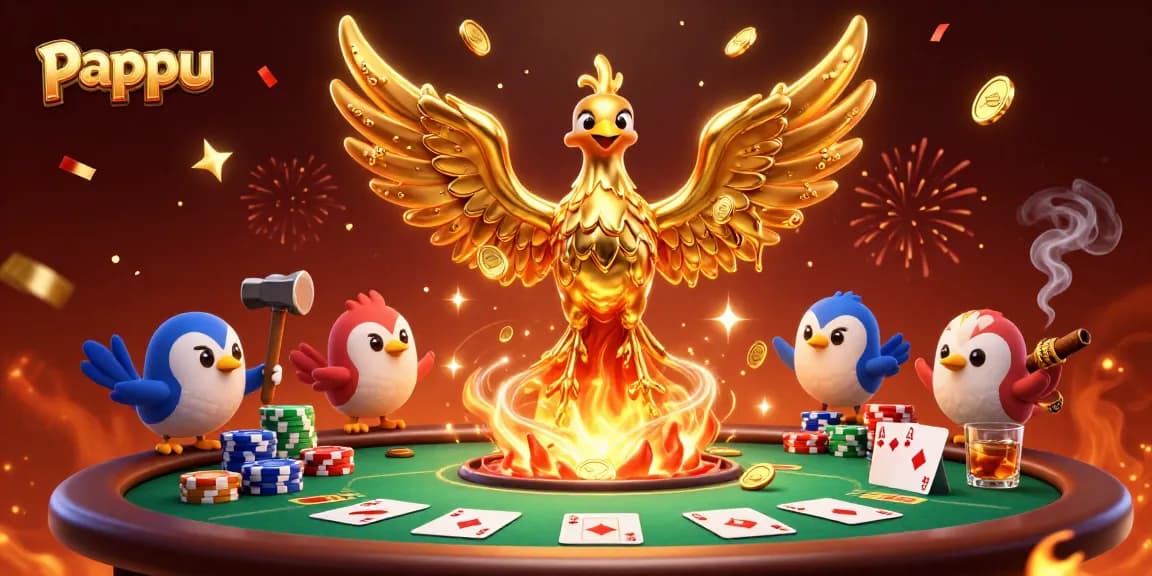 Pappu game features a molten golden phoenix, poker elements, and vibrant casino atmosphere.