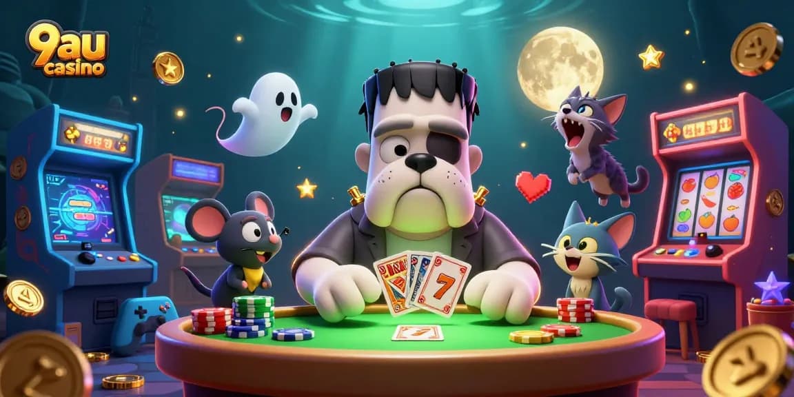 Engage with thrilling games at 9au casino featuring a lively 3D cartoon scene.