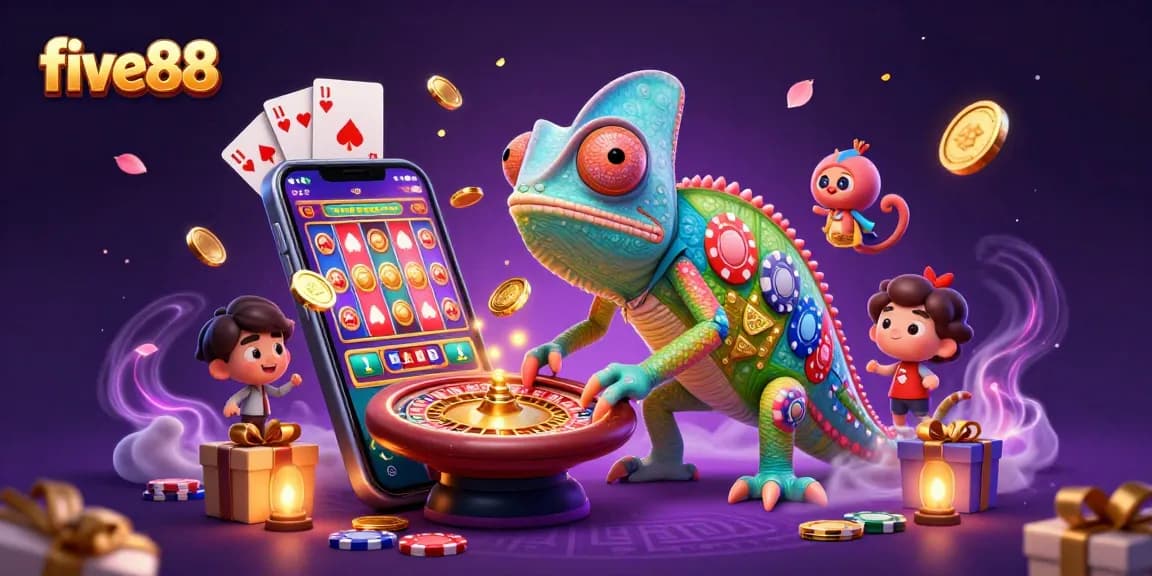 Play captivating games at five88 with a whimsical chameleon casino owner, surrounded by colorful slot machines.