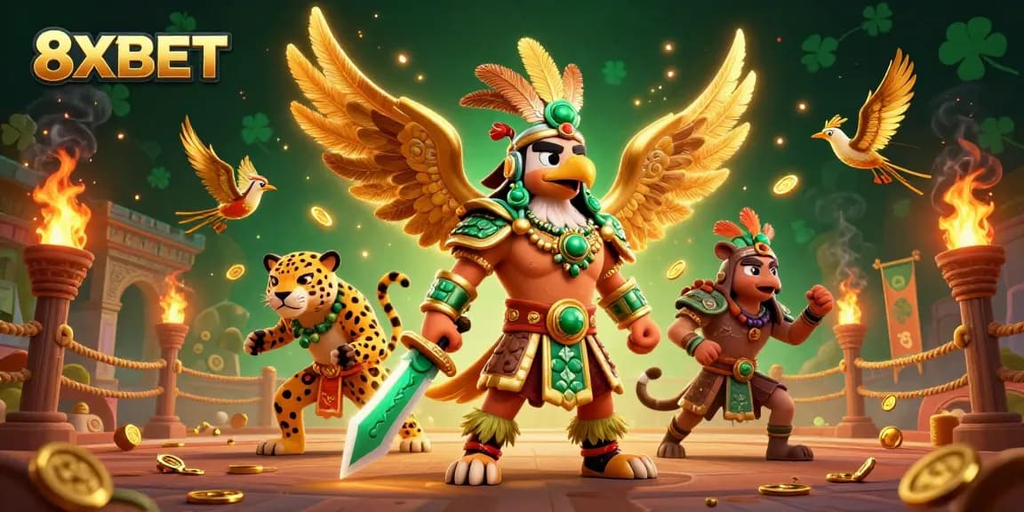Engage with the thrilling 8XBET experience in a vibrant Aztec-themed casino scene featuring warriors and gold treasures.