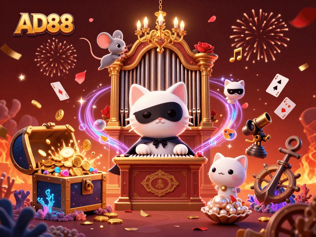 Spin the reels with excitement at AD88 showcasing vibrant, festive casino elements.