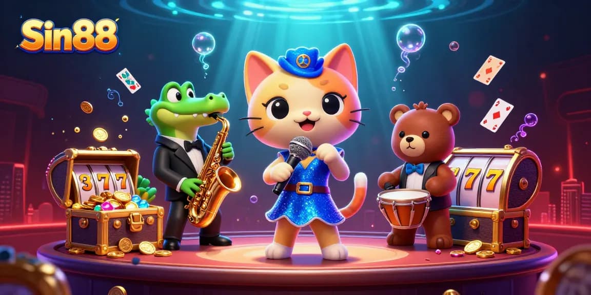 Join the fun at Sin88 with animated characters enjoying vibrant casino games and excitement!