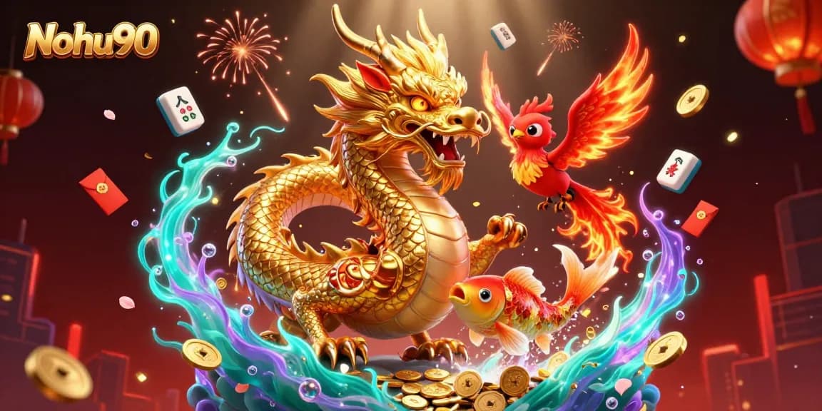 Nohu90 offers dynamic gameplay with a golden dragon, koi fish, and phoenix amidst floating casino elements.