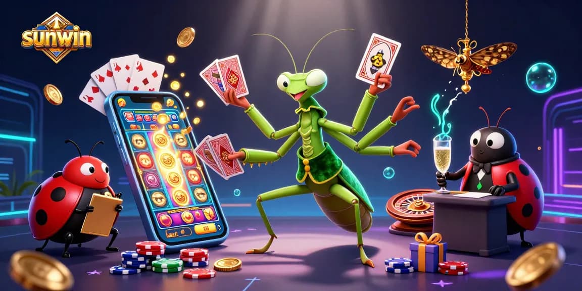 Experience sunwin's exciting games with vibrant illustrations of a mantis dealer and ladybug boss.