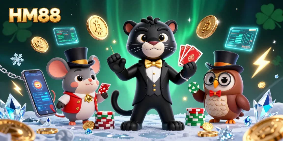 Join the fun at HM88 with stylish gaming characters, vibrant casino elements, and exciting poker action.