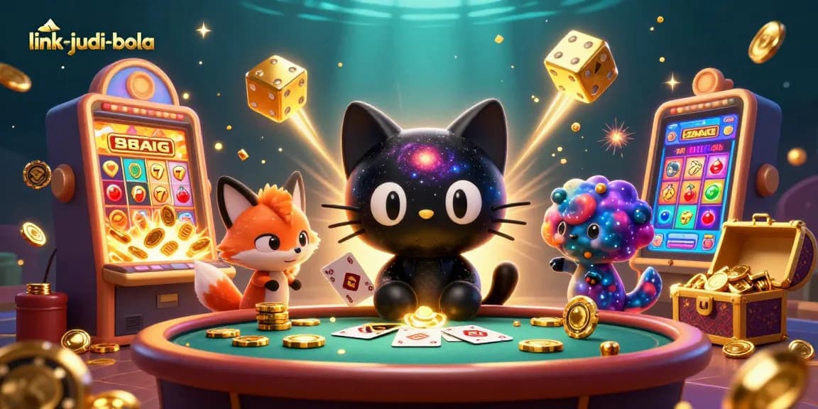 Experience link-judi-bola with a cosmic cat and fox in an animated casino scene.