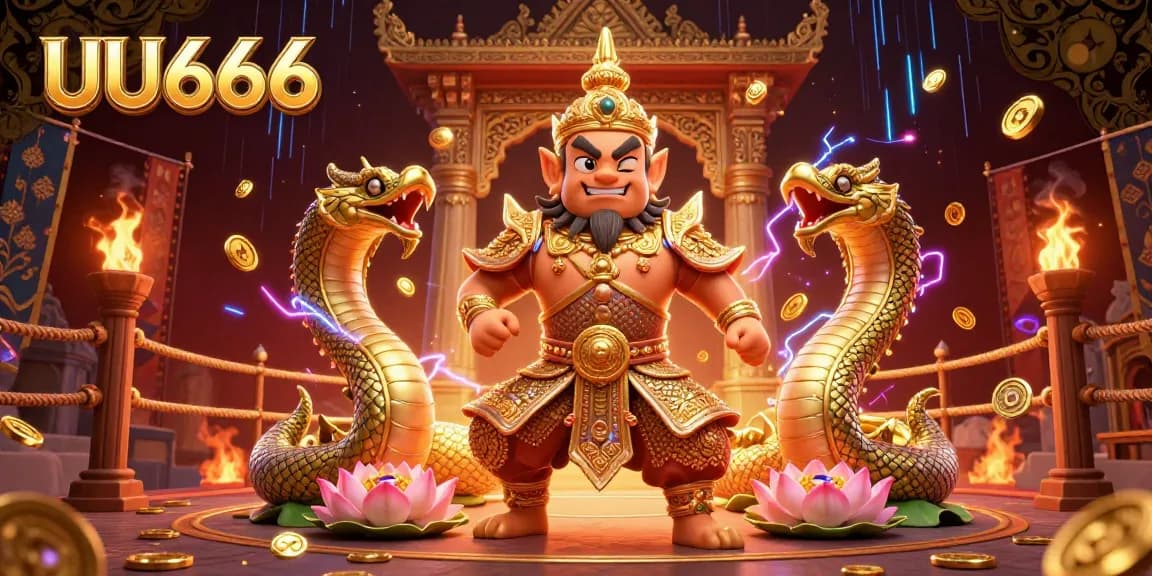 Engage with the immersive UU666 casino world, featuring a Thai guardian amidst gold tokens and neon effects.