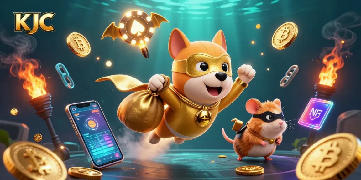 KJC players enjoy exhilarating casino experiences with superhero characters amidst gold coins and glowing crypto elements.