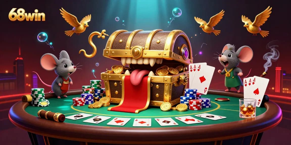 Experience the thrill of winning at 68win with a vibrant 3D casino illustration featuring poker elements and adventurous characters.