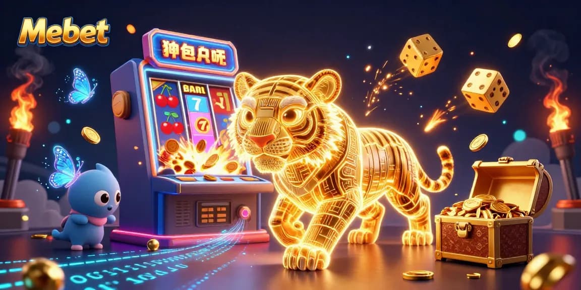 Mebet's golden tiger exploring a digital casino, surrounded by jackpot winnings and vibrant game elements.