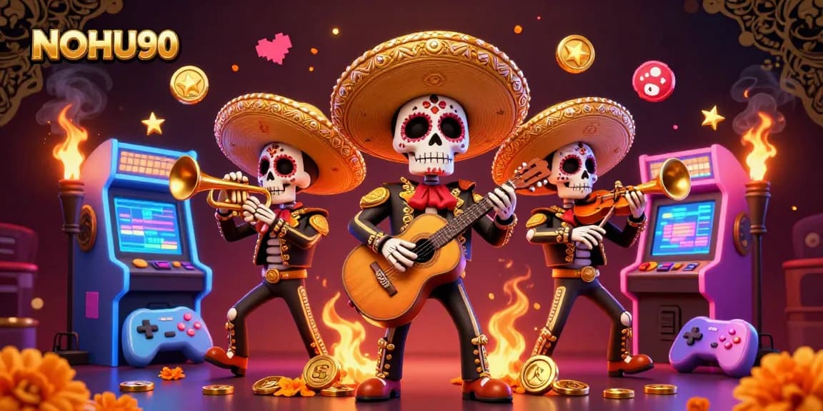 Experience vibrant gaming with NOHU90's engaging casino scene featuring a mariachi band and arcade elements.