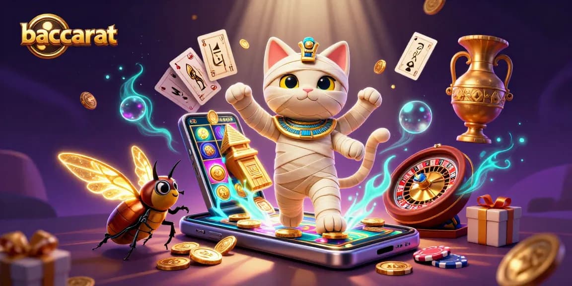 Baccarat illustration featuring a glowing mummy cat and a scarab beetle in an energetic casino scene.