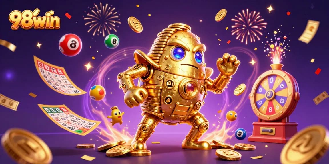 Engage with 98win's golden gaming experience, featuring a dynamic golden golem and lottery excitement.