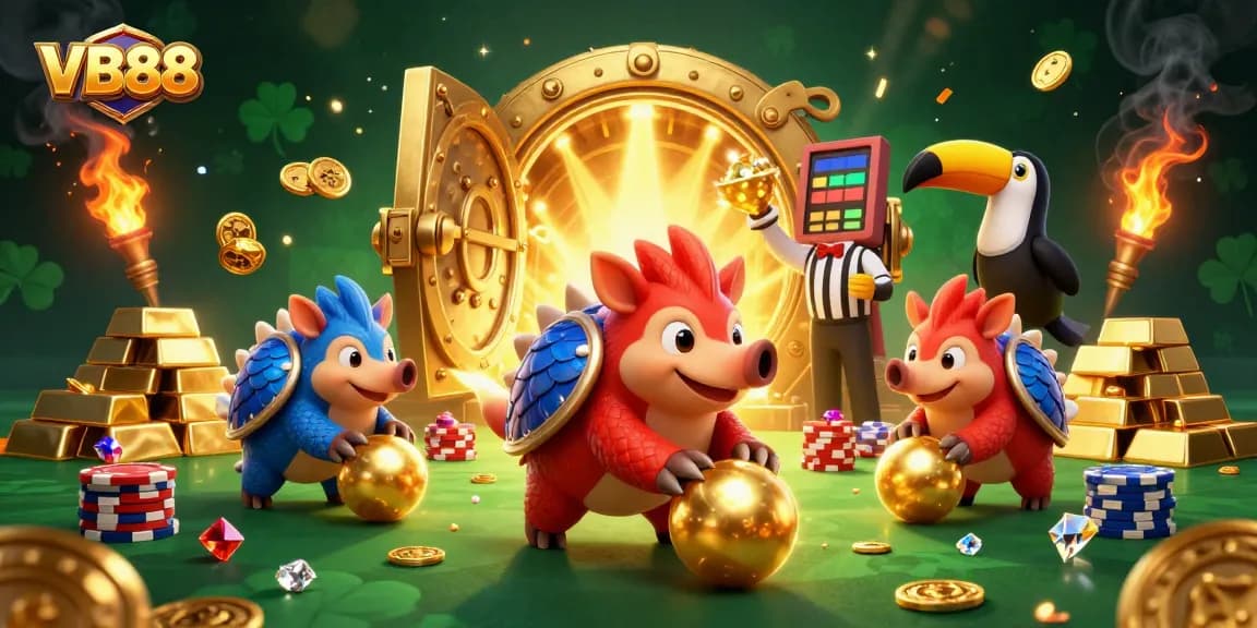 VB88 pangolins compete in a dynamic gambling scene with poker chips and golden treasures.
