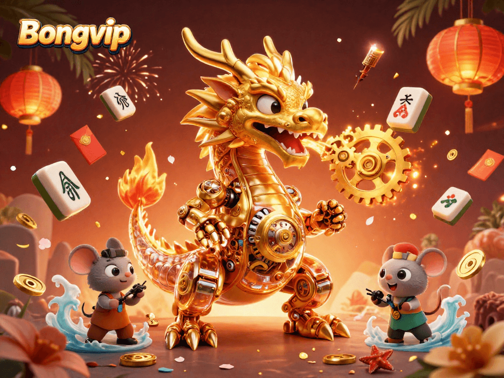Bongvip dragon exuding golden gears, a vibrant gaming scene displaying mahjong elements and festive decorations.