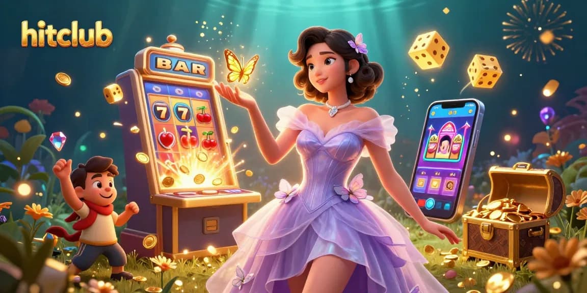 Engage in thrilling gambling at hitclub with a stunning Asian woman amidst vibrant slot games and magical scenery.