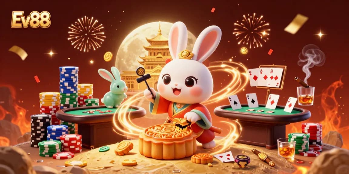 Play at Ev88's festive casino scene featuring poker chips and a joyful celebration.