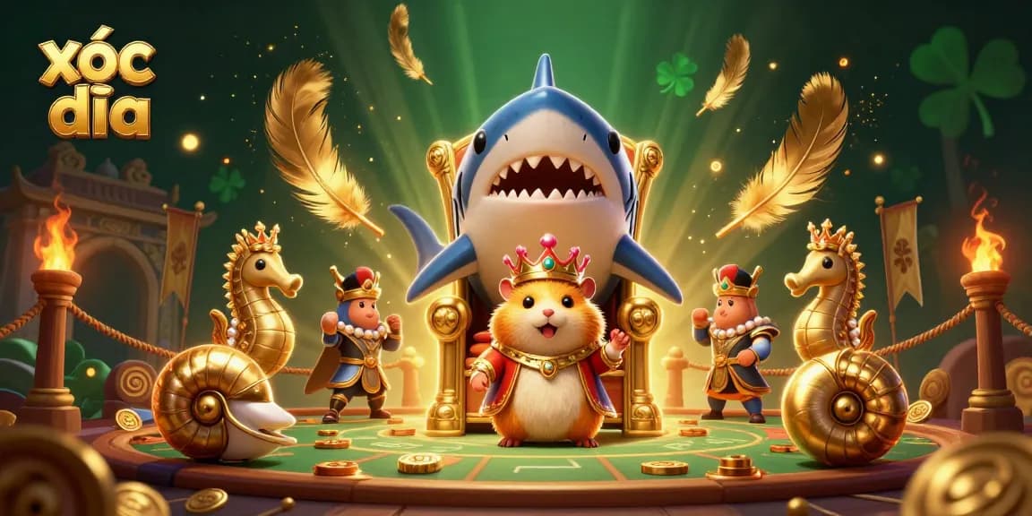 xóc đĩa illustrates a fierce hamster king in a gambling arena with shimmering gold coins and lively effects