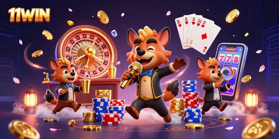 Join the fun at 11WIN's comedy casino with lively hyenas, sparkling gems, and golden coins.