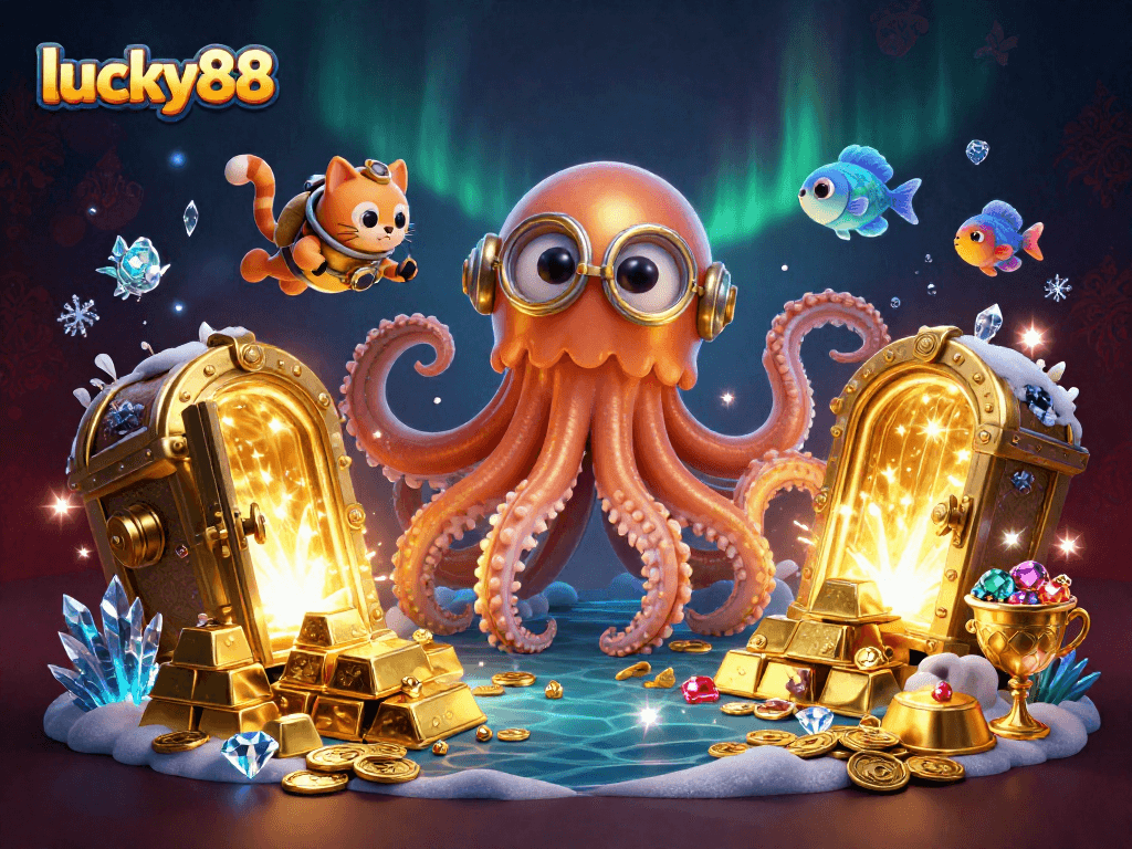 Bet on lucky88 with a vibrant underwater scene showcasing a colossal kraken and treasure elements.