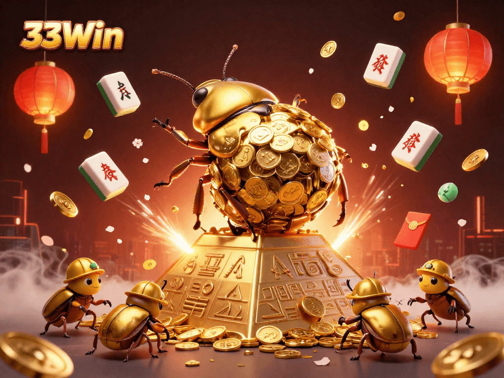 Experience the excitement of 33Win's gambling world with a golden beetle and casino symbols.