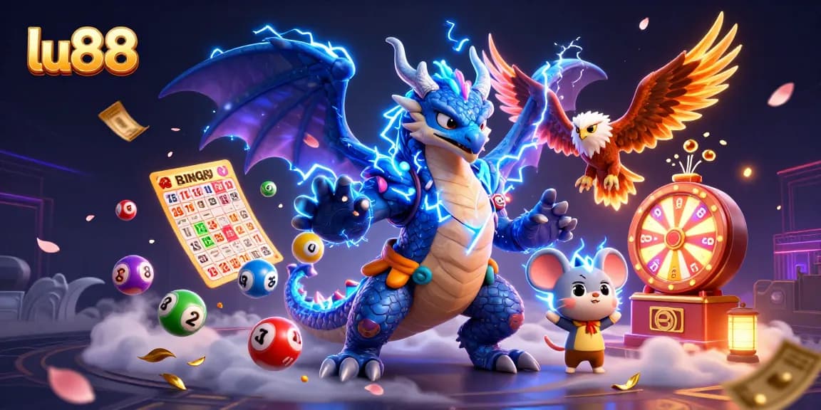 lu88 illustrated scene with a thunder dragon and lottery elements creating thrilling excitement