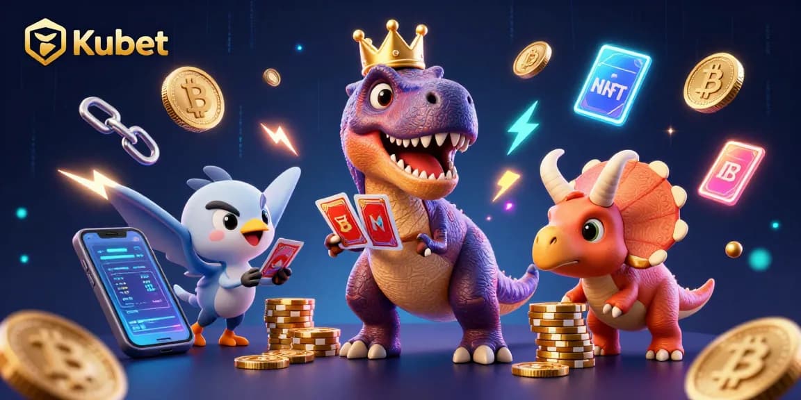 Kubet showcases a playful T-Rex shuffling cards, assisted by a pterodactyl, amidst glowing crypto coins.