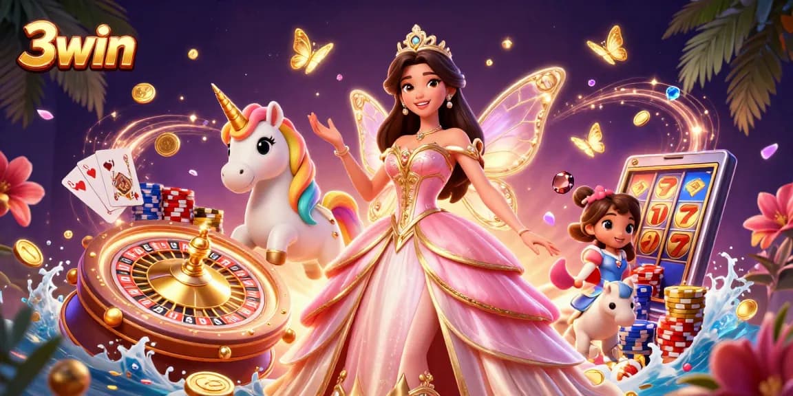 Experience the excitement of 3win with vibrant 3D casino-themed characters and elements.