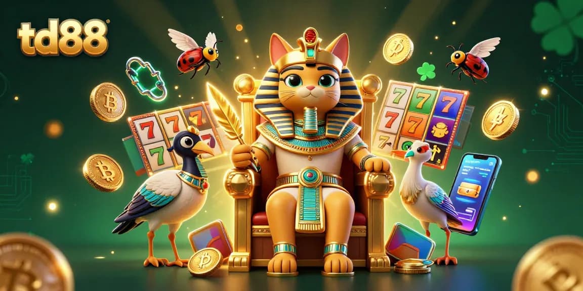 Engage with td88's dynamic 3D gaming scene featuring an Egyptian pharaoh cat and slot elements.