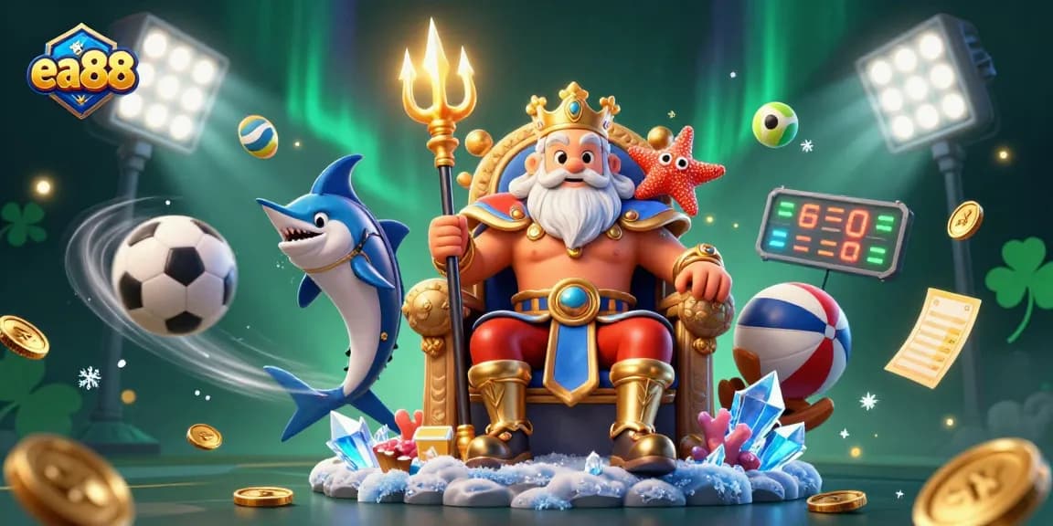 ea88 reveals a vibrant gaming scene with Neptune, flanked by unique characters, celebrating wins.
