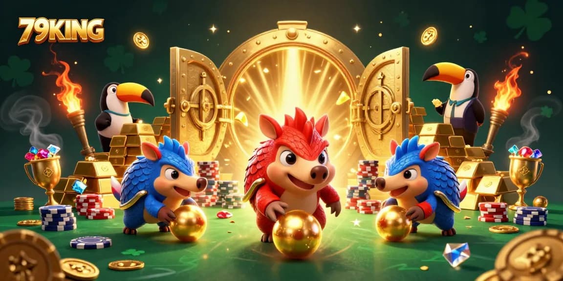 Engaging 3D illustration of rival pangolins competing in a golden gambling scene, featuring 79KING elements.