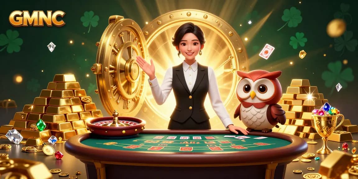 Experience the thrill at GMNC with a glamorous casino scene showcasing a smiling dealer and a charming owl assistant.