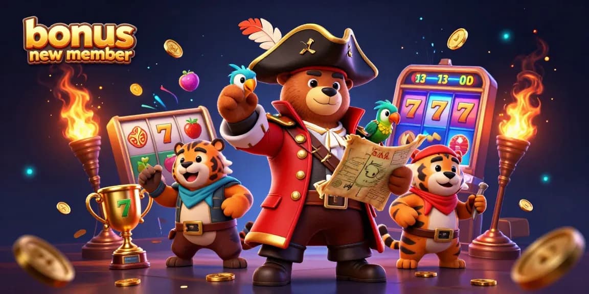 Join the thrilling world of "bonus new member" with a vibrant casino adventure featuring animated characters and slot machines.